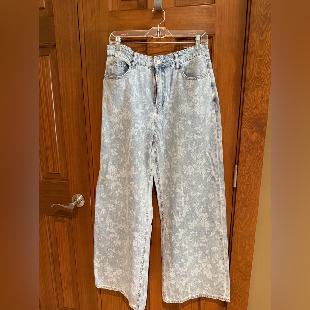 Hem & Thread Light Blue Floral Wide Leg Jeans